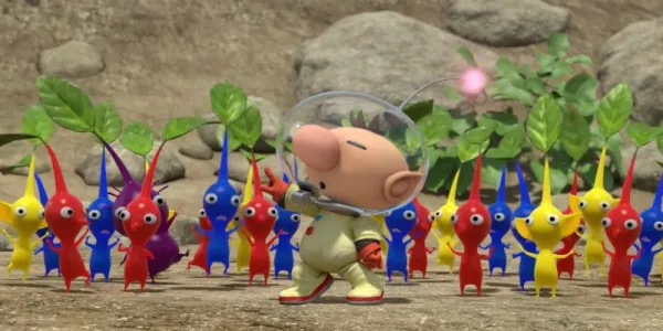   ピクミン3デラックスでオリマーの後ろで踊るピクミン