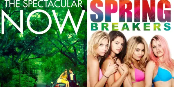   The Spectacular Now と Spring Breakers のポスターを示す分割画像。