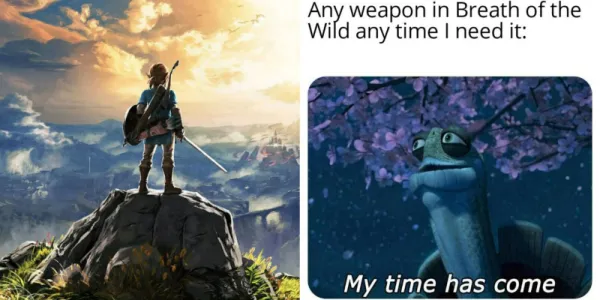   右側にゼルダの伝説 ブレス オブ ザ ワイルドの表紙画像、左側にカンフー パンダのカメをフィーチャーしたミームを示す分割画像。