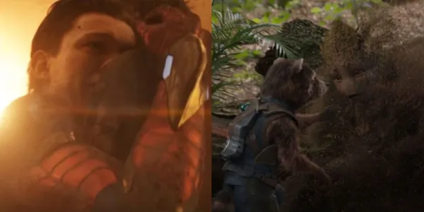   アベンジャーズ インフィニティ ウォーでアイアンマンとグルートを抱きしめるスパイダーマンの分割画像
