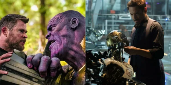   トールがサノスを攻撃し、トニー・スタークがウルトロンを見ている分割画像's head