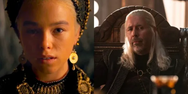   テーブルを真剣に見つめる若い Rhaenyra と Viserys のクローズ アップ。