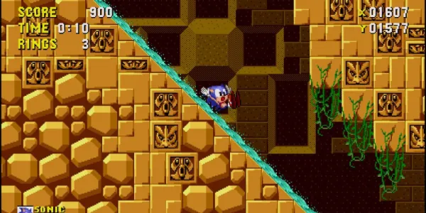   ソニック ザ ヘッジホッグのラビリンス ゾーンでソニックが滝を滑り降りる