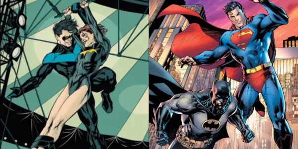   DC コミックスのナイトウィング & バットガールとバットマン & スーパーマンを示す分割画像。