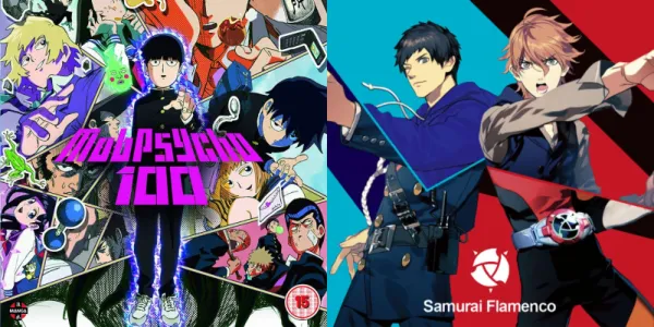   Mob Psycho 100 と Samurai Flamenco のポスターを示す分割画像。
