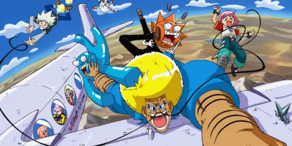   Bobobo-bo Bo-bobo で飛行機が離陸する間、好奇心旺盛な 3 人のキャラクターが戦います