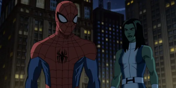   Ultimate Spider-Man の Contest Of Champions の屋上でスパイダーマンとシーハルクが一緒にいる