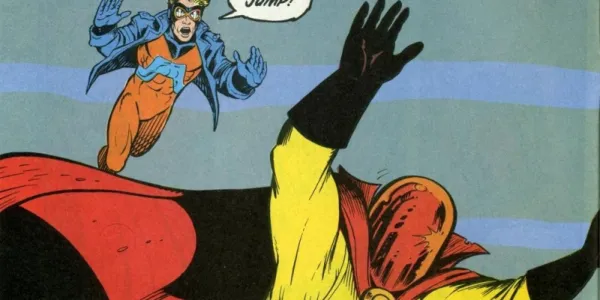   DCコミックでアニマルマンがレッドマスクを追いかける
