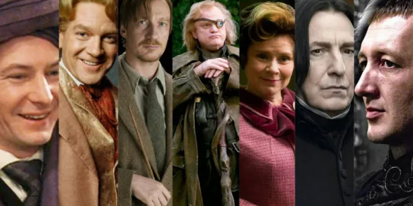   ハリー・ポッターの闇の魔術に対する防衛術の教師 7 人全員を示すコラージュ