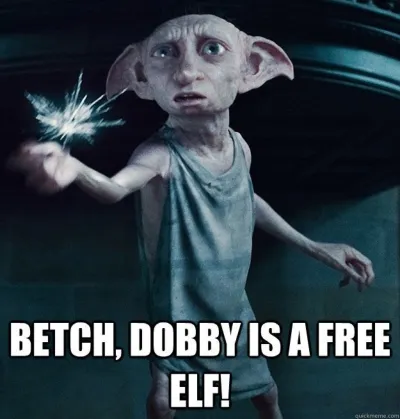   ハリー・ポッターのドビーとテキストを示すミーム"Betch, Dobby is a free elf!"