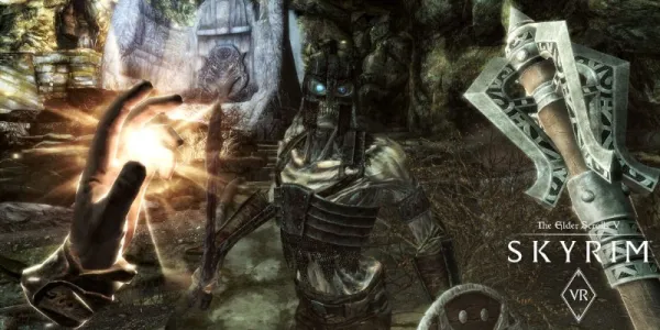   Skyrim VR で骨格ゾンビに直面するプレイヤー