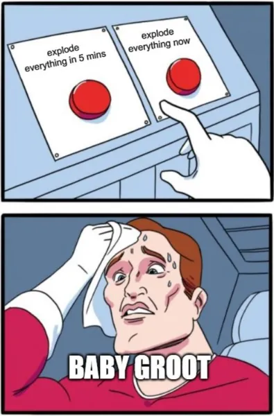   あ"button push meme" about baby Groot.