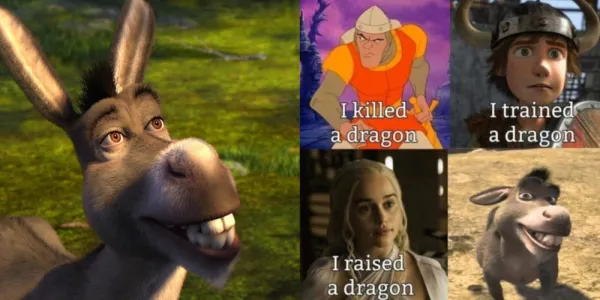   シュレックの笑顔と彼とドラゴンについてのミームからロバの分割画像。