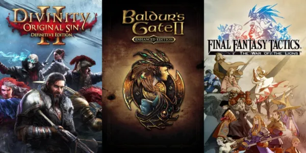   Divinity: Original Sin 2、Baldur のカバー アートの分割画像's Gate 2, and FF Tactics.