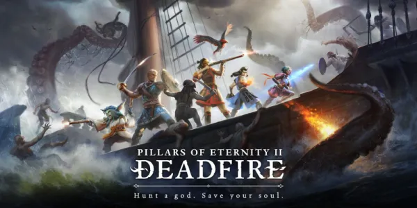   Pillars Of Eternity II: Deadfire のカバー アートワークでクラーケンが攻撃している間に海賊と戦うヒーロー