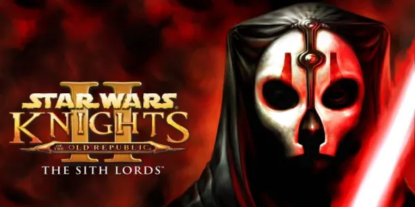   Star Wars: Knights of the Old Republic II のプロモ アートで、仮面をかぶったダース ナイアリスが赤いライトセーバーを振り回します