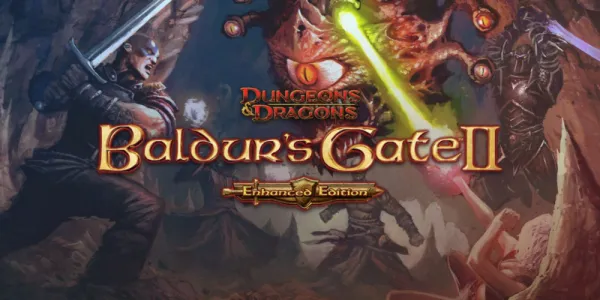   バルダー's Gate 2 Enhanced Edition key art featuring a party of warriors fighting a monster.