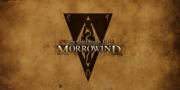   The Elder Scrolls III: Morrowind のロゴは、古い羊皮紙をテーマにした背景にあります。