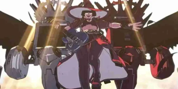   GUILTY GEARのI-NOが音楽機材に囲まれて天に昇る。