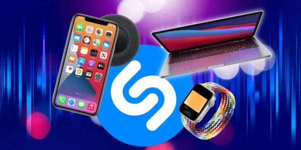  iPhone HomePod Apple Watch MacBook の背後にある Shazam ロゴ