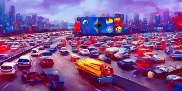   暗号ロゴの看板、AI 生成アートによる交通渋滞